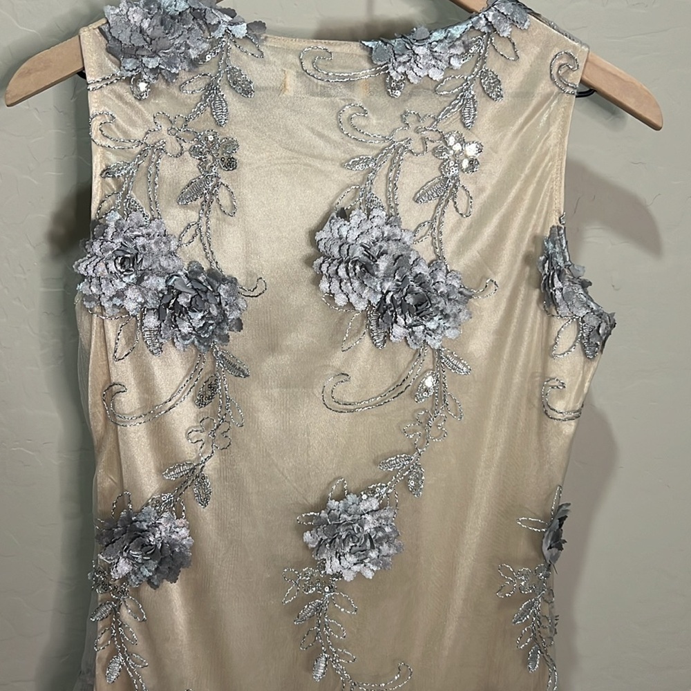 Embroidered Dress Mini Gown Silver Tulle Formal Dance Holiday Party New Years - Picture 9 of 13